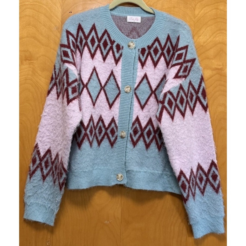 Pink Lily Womens Fuzzy Button Front Argyle Cardigan Pastel Colors Sz M